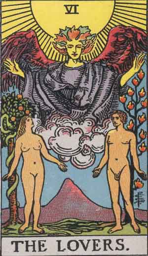 The Lovers tarot card in the Rider Waite Smith Deck