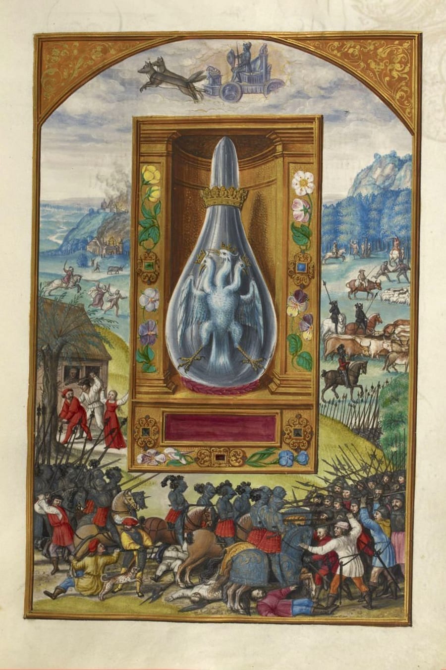Illustration of a three headed bird and war from the Alchemical manuscript Splendor Solis