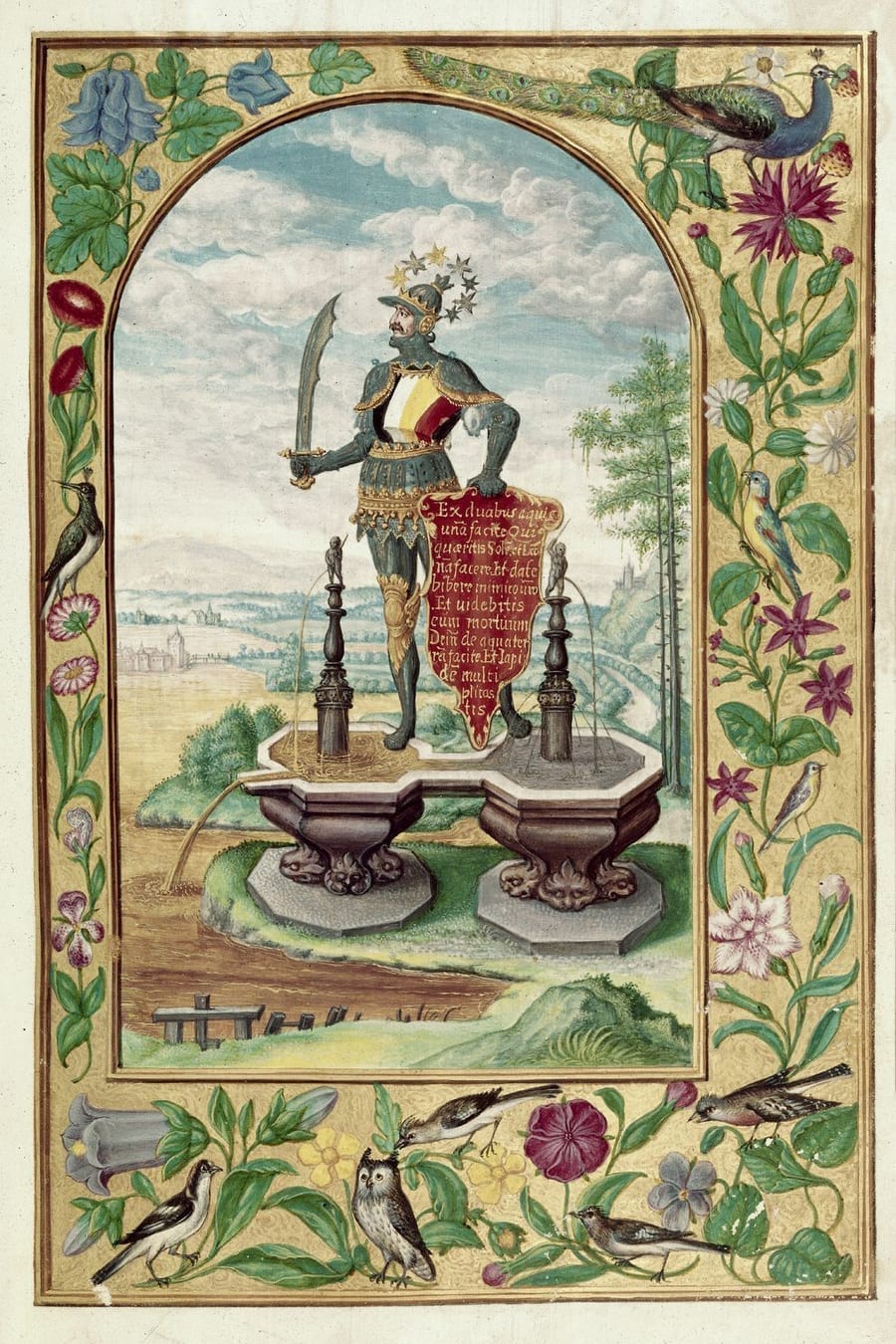 Illustration of knight with a drawn sword from the Alchemical manuscript Splendor Solis